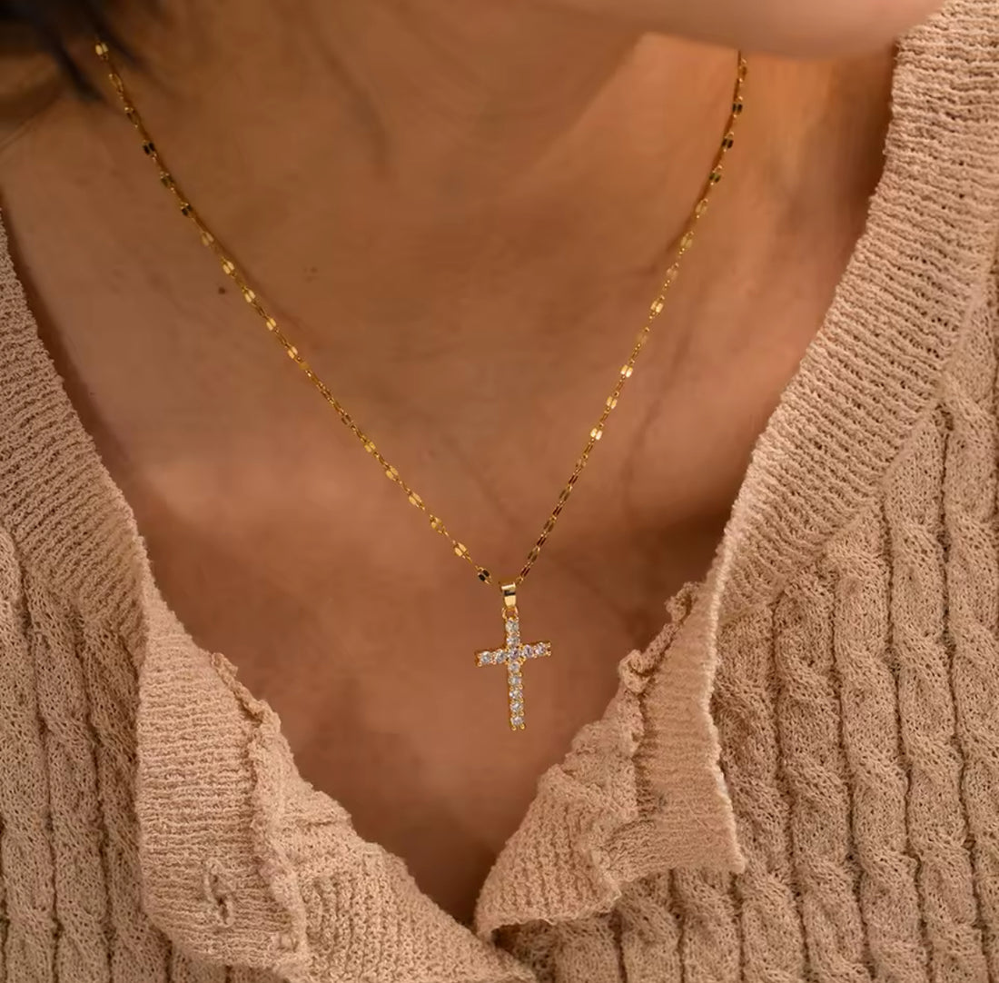 Gemstone Cross Pendant 18k Gold Necklace