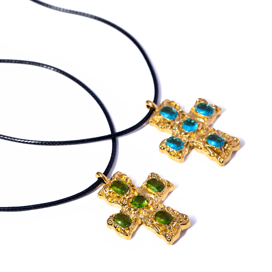 Rugged Cross Pendant Cerulean Gemstone Necklace