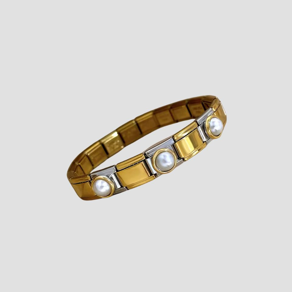 2-Tone Pearl 18k Gold Band Bracelet