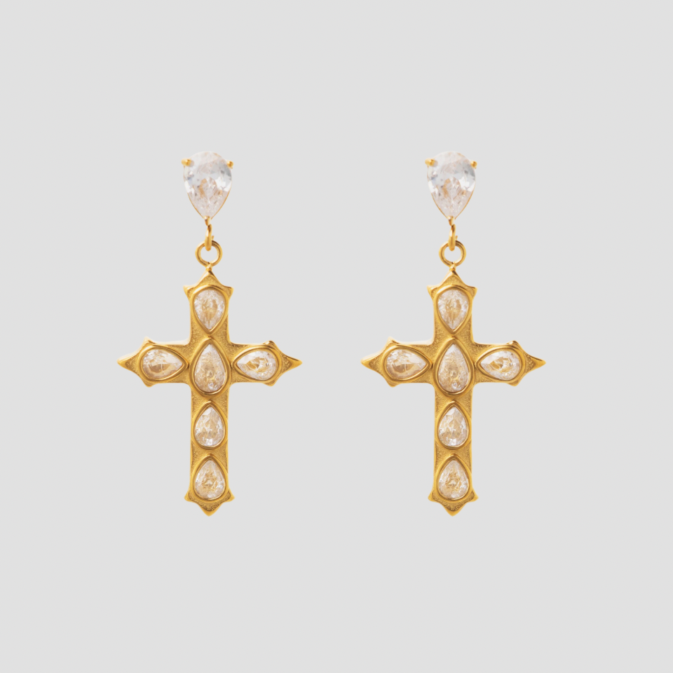 Gemstone Dangle 18k Gold Cross Earrings - GRISÉ NYC 1