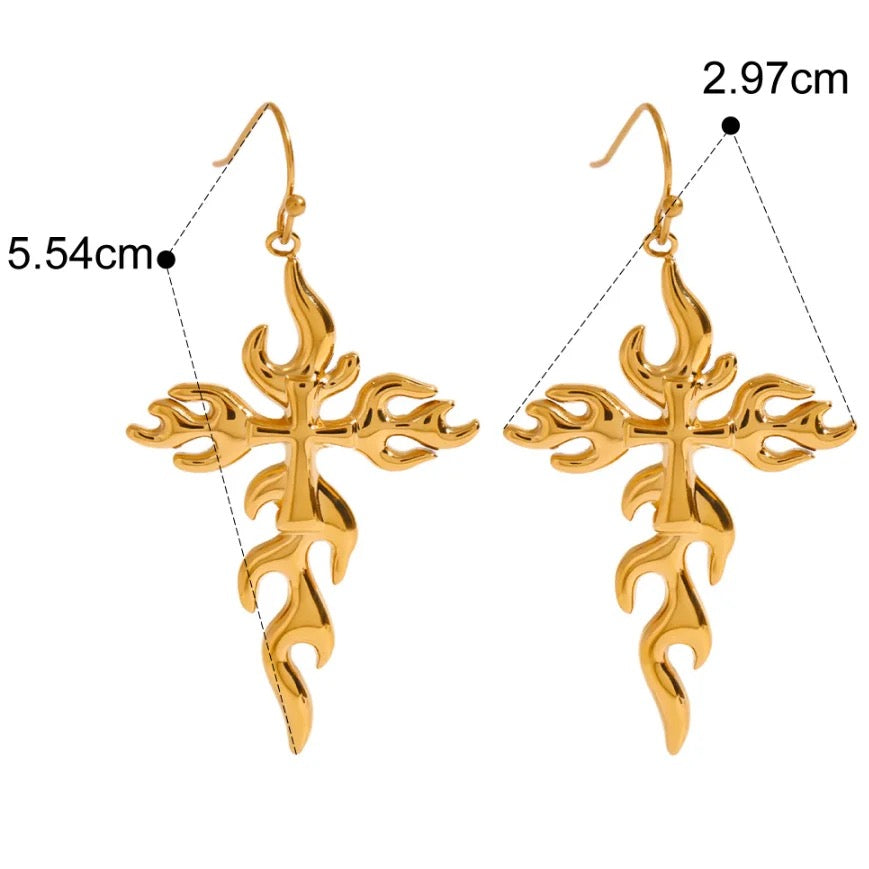 Wildfire Cross Dangle 18k Gold Earrings