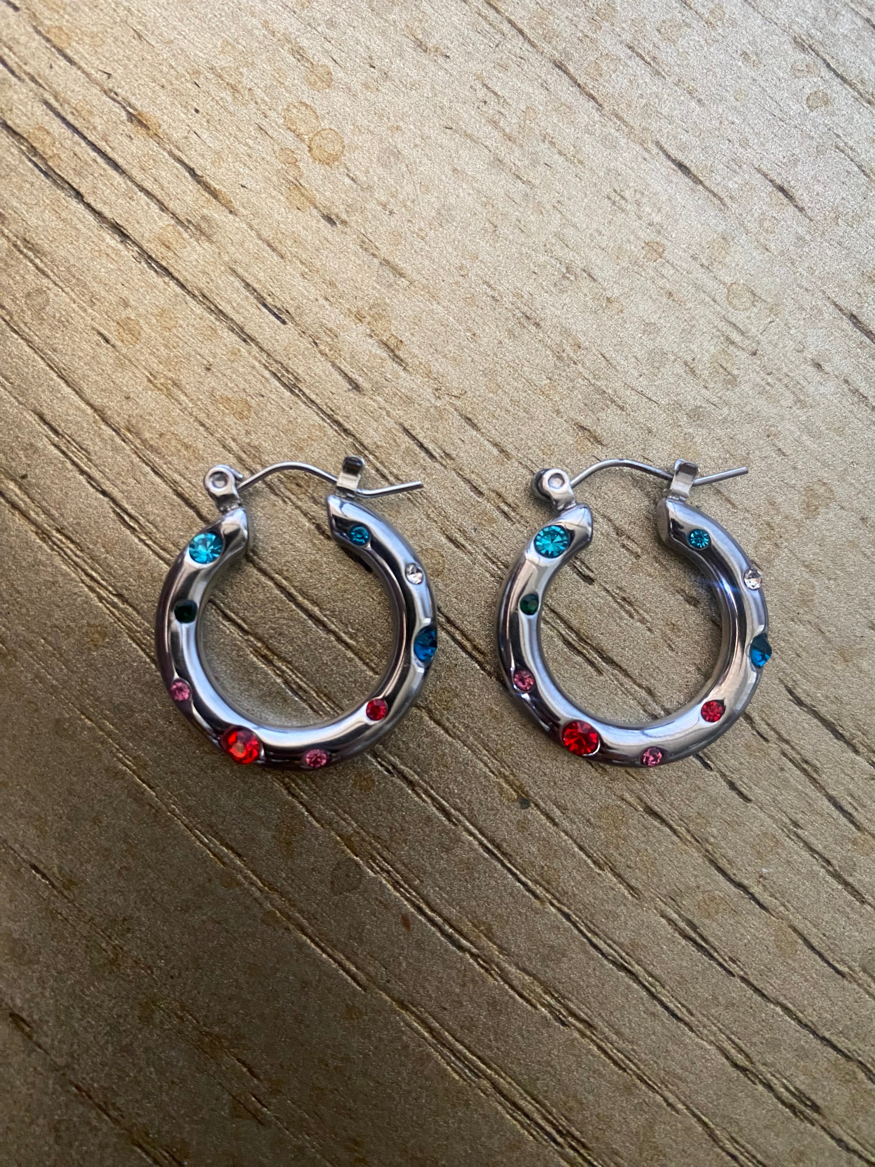 Rainbow Gemstone Steel Hoop Earrings - Premium Earrings from GRISE NYC - Just $50! Shop now at GRISÉ NYC