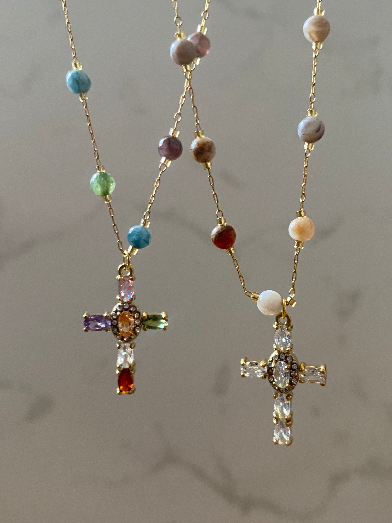 Rainbow Bead 18k Gold Cross Pendant Necklace