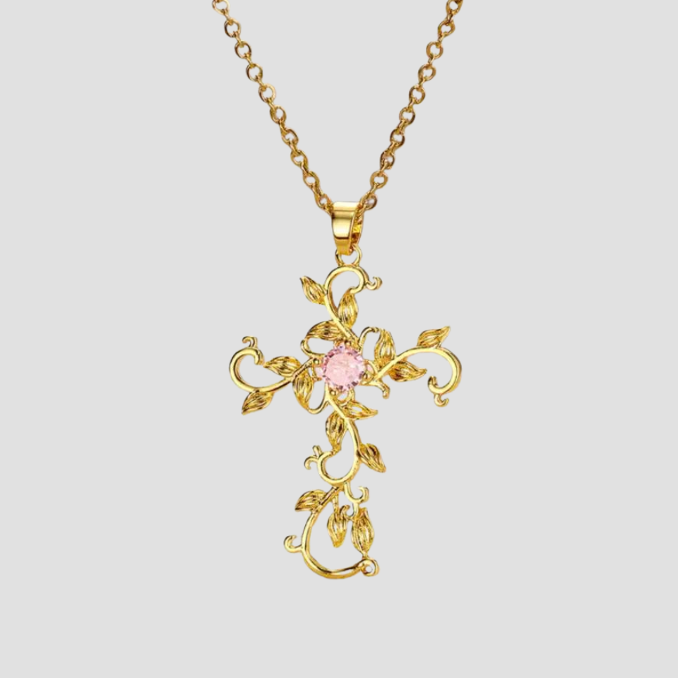 Pink Flower Gemstone Vine Cross Pendant Necklace - Premium Necklaces from GRISE NYC - Just $52! Shop now at GRISÉ NYC