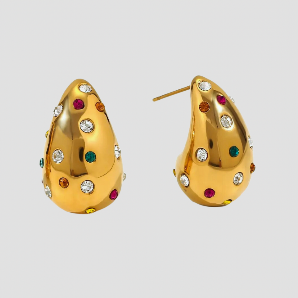 Bling Bling Rainbow CZ Tear Drop 18k Gold Earrings