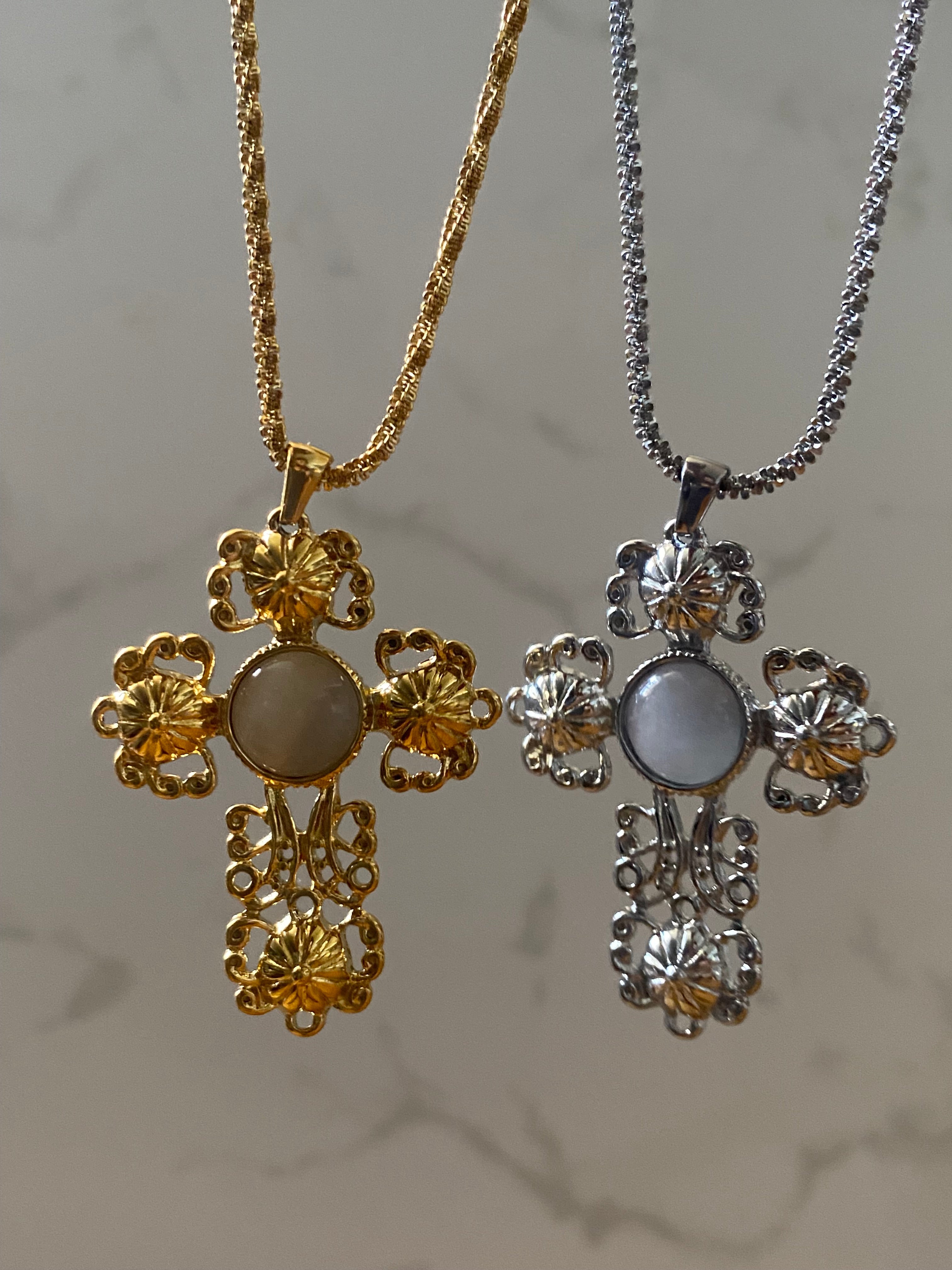 18k Gold Baroque Cross Pendant Necklace