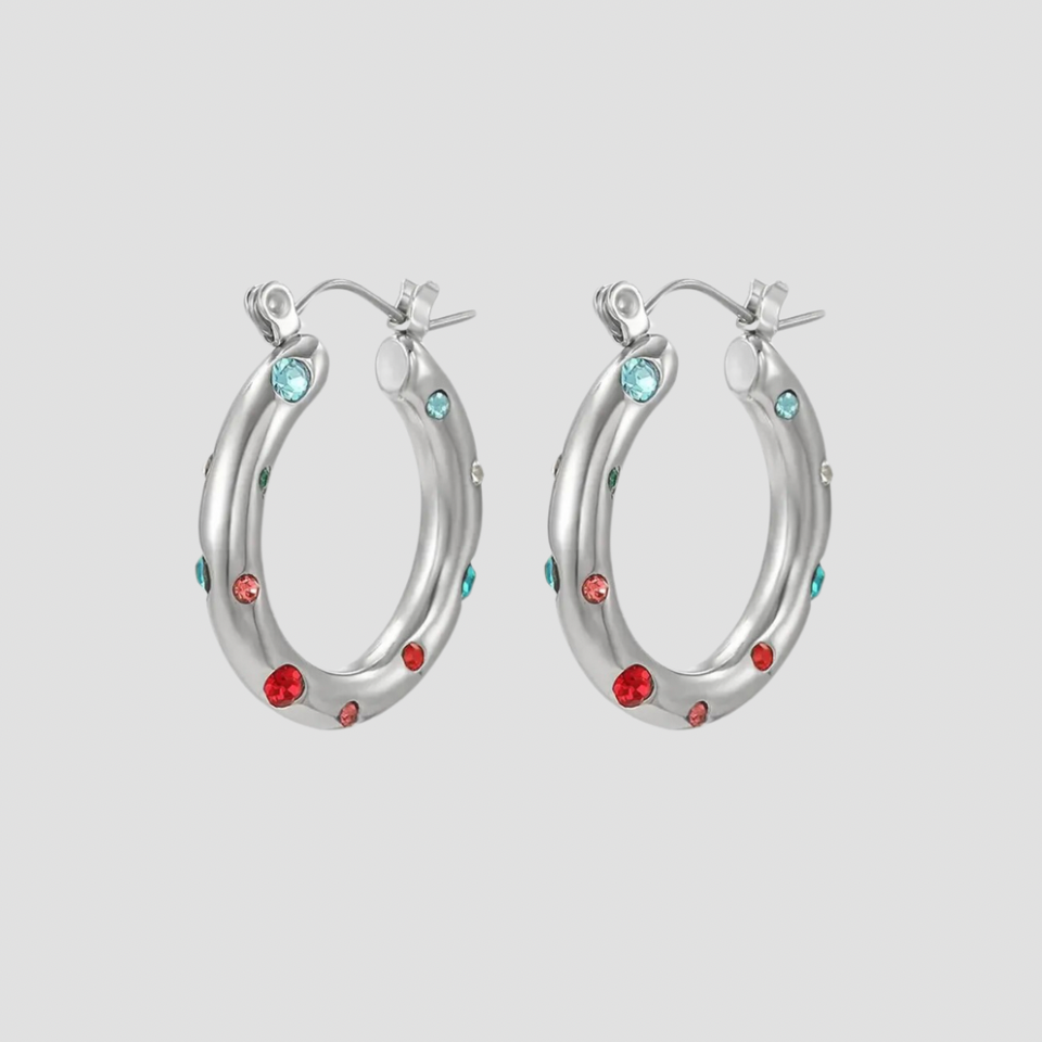 Rainbow Gemstone Steel Hoop Earrings - Premium Earrings from GRISE NYC - Just $50! Shop now at GRISÉ NYC