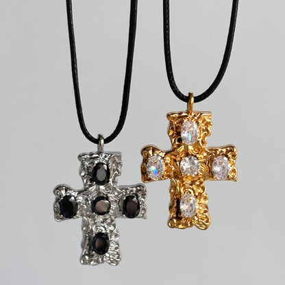 Rugged Steel Cross Pendant Black Gemstone Necklace