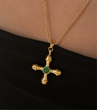 Green Agate 18k Gold Cross Pendant Rope Chain Necklace