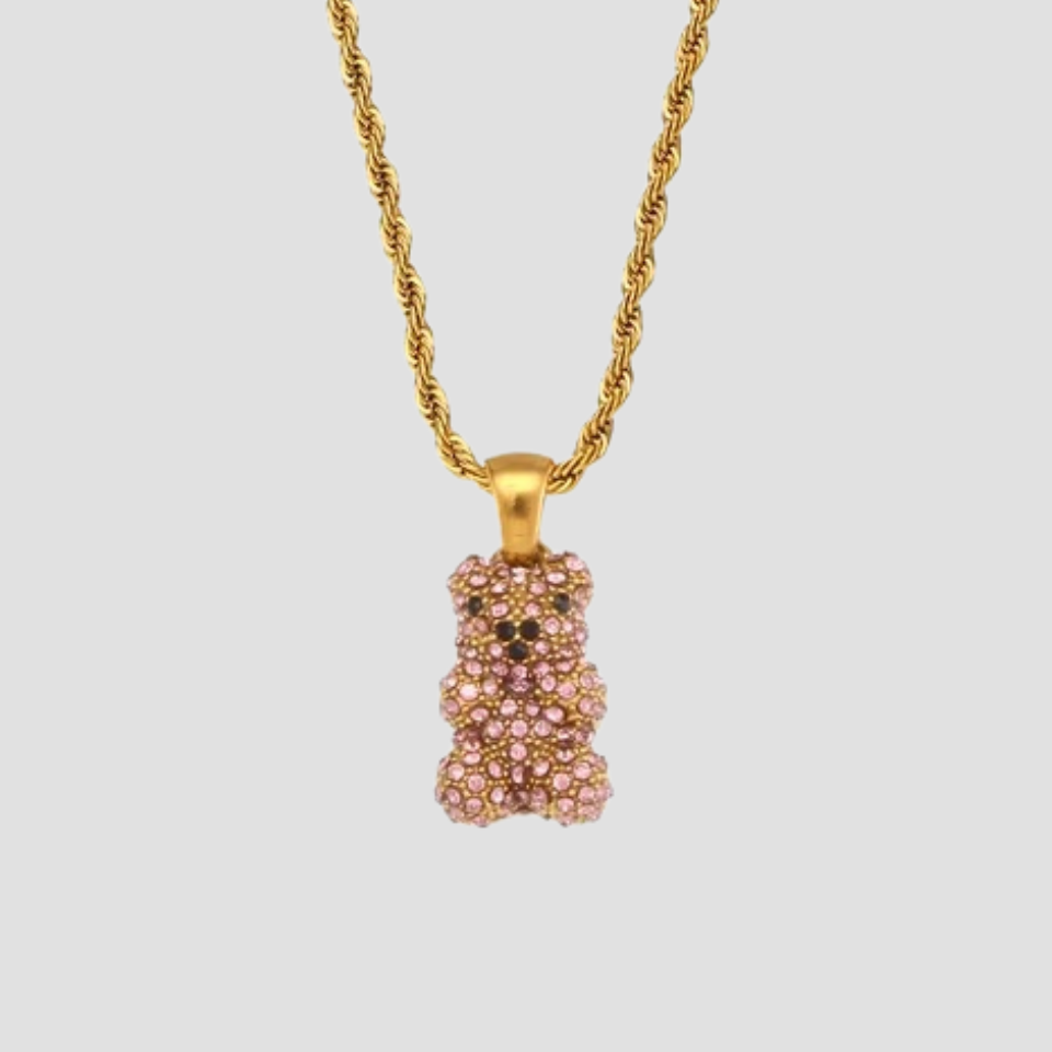 Iced Out Pink Teddy Bear Necklace - Premium Necklaces from GRISE NYC - Just $62! Shop now at GRISÉ NYC