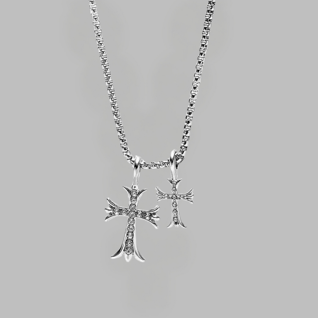 Double Cross Pendant Steel Necklace