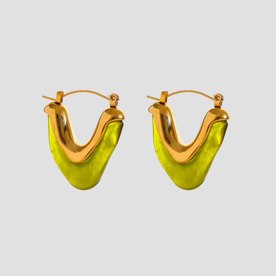 Olive Resin V-Shape 18k Gold Earrings