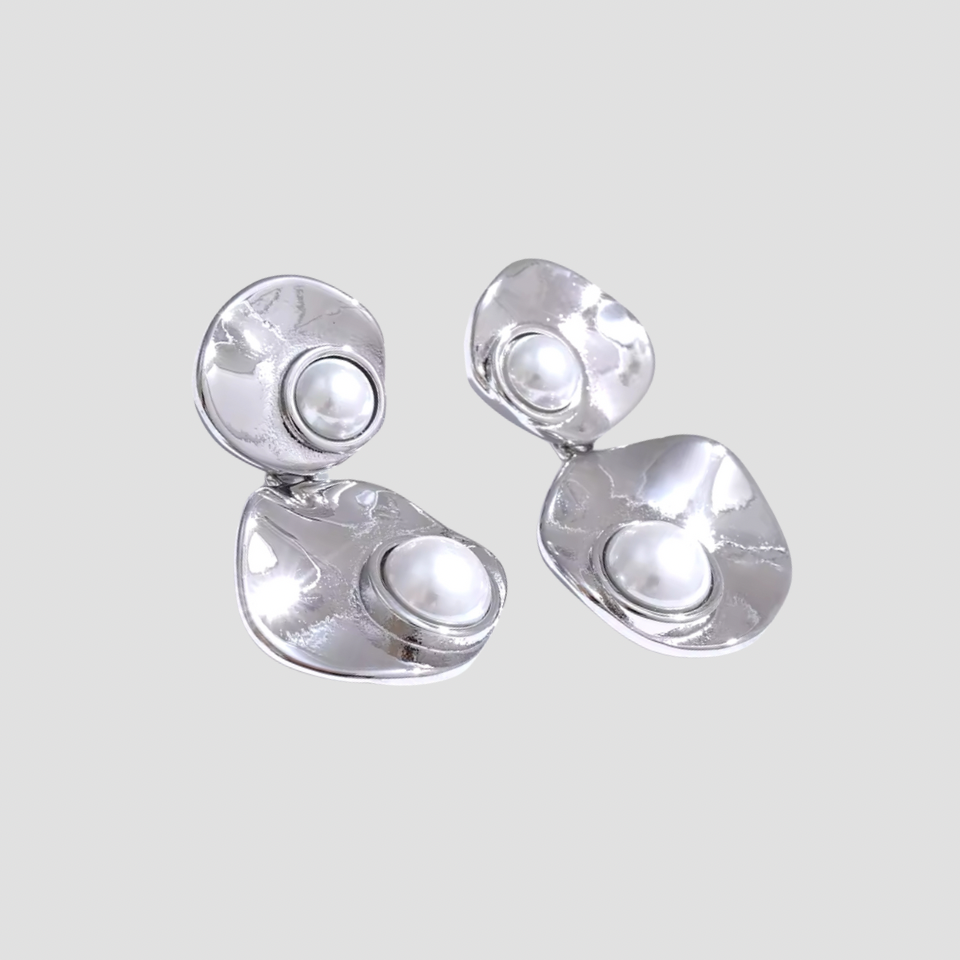 Textured Double Pearl Steel Earrings - GRISÉ NYC 2