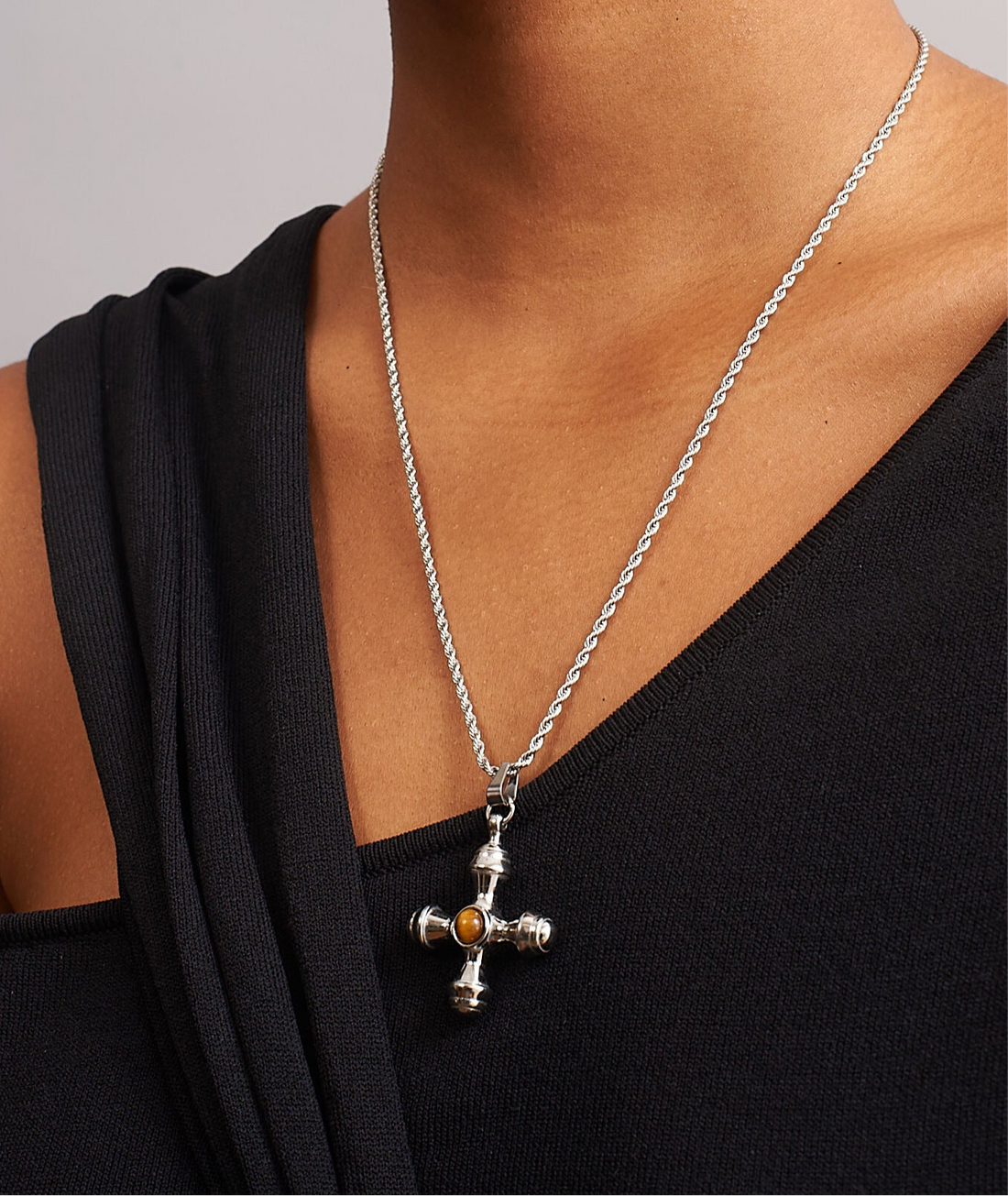 Tiger’s Eye Stainless Steel Cross Pendant Necklace