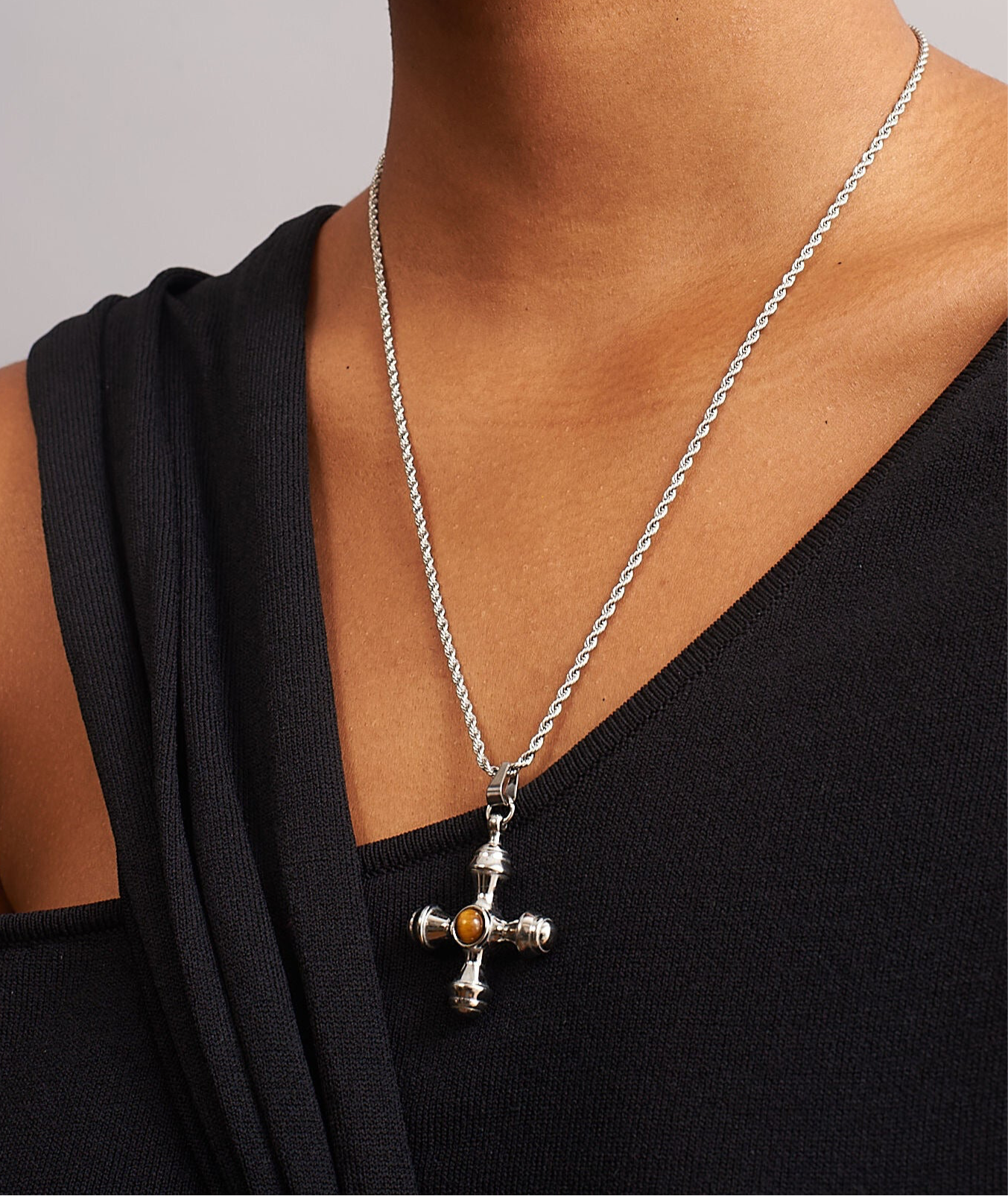 Tiger’s Eye Stainless Steel Cross Pendant Necklace